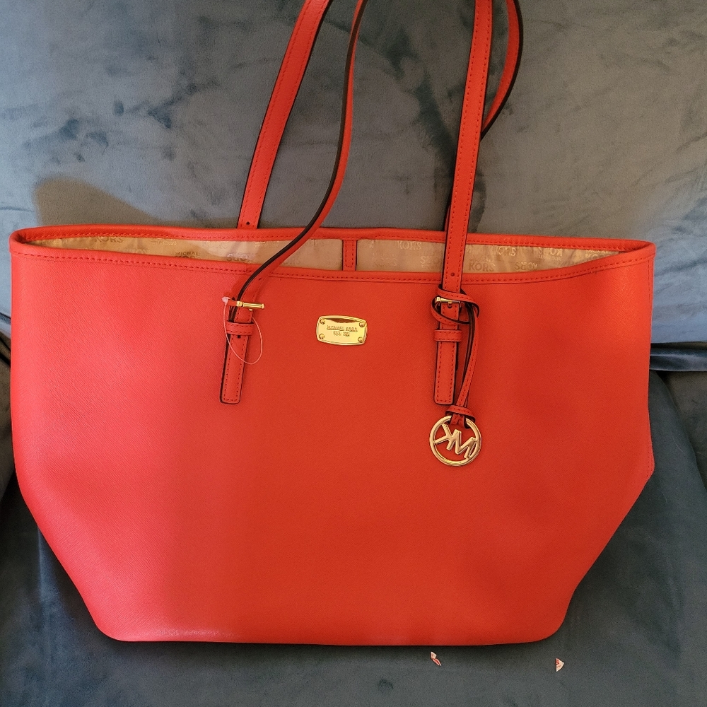 Michael Kors orange saffiano leather M travel tote